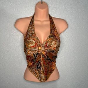 Burnt Orange Paisley Halter Top • Y2K Boho front tie detail with adjustable tie-
